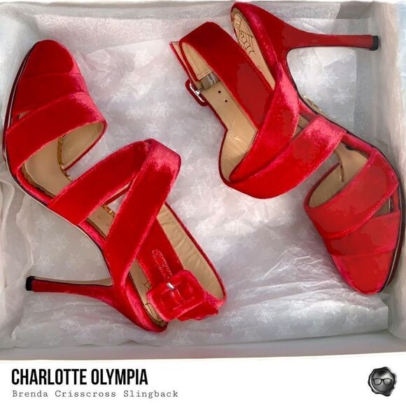 CHARLOTTE OLYMPIA BRENDA CRISSCROSS SLINGBACK PUMPS IN RED VELVET EU 38.5 NEW - Picture 14 of 15